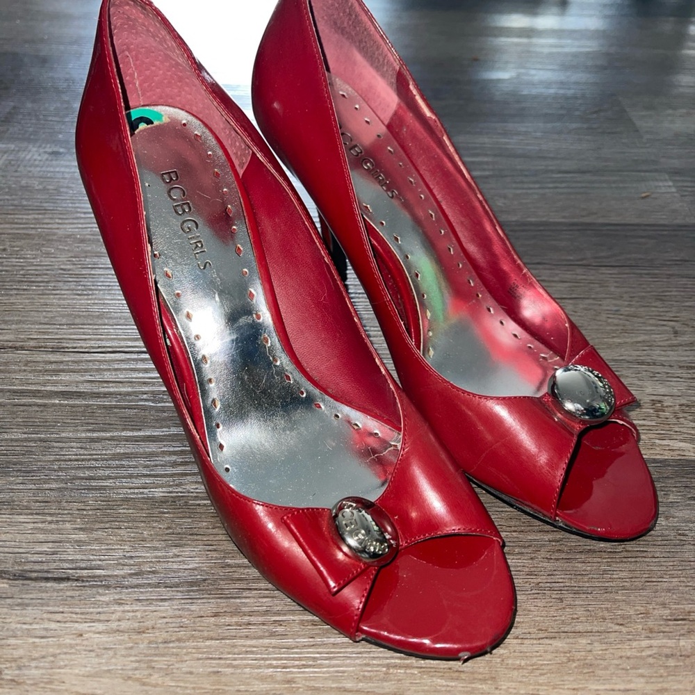 BCBGirls Red Peep Toe Heels with Gem Accent